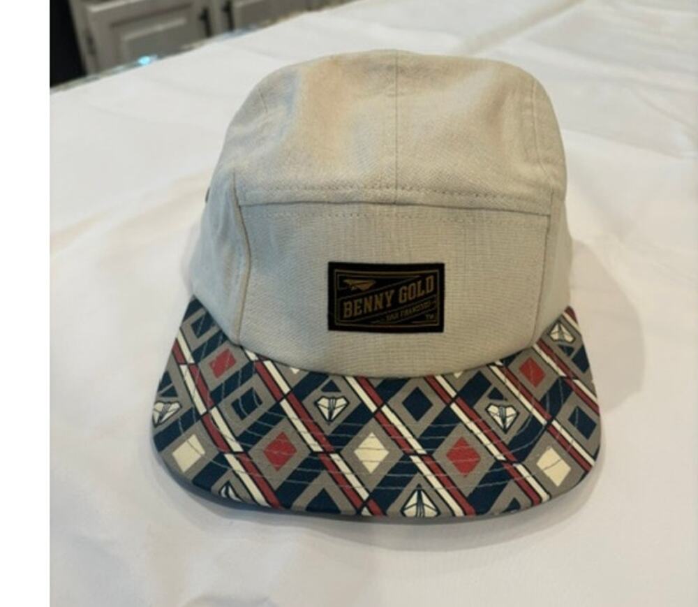 Benny Gold 5 Panel Hat Camper Hat Flat Leather Strapback Geometric Pattern NEW